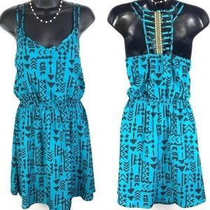 Teal Aztec Tribal Print Smocked Waist Sundress Women's M